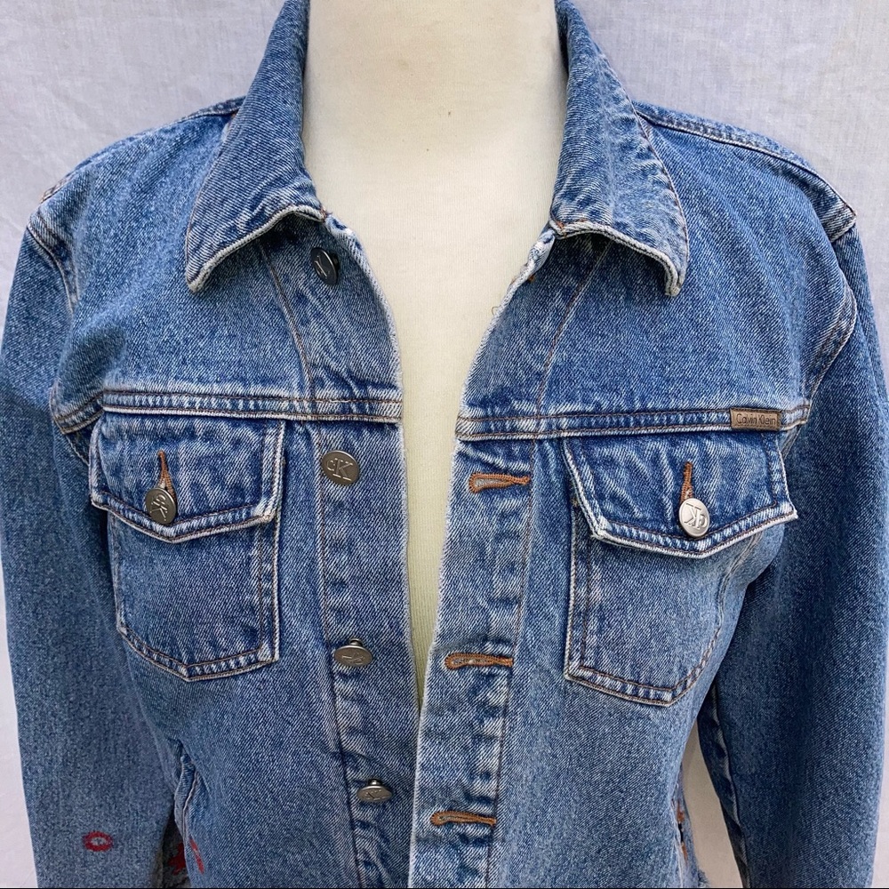 CALVIN KLEIN JEANS Denim Jean Jacket with Red Orange Embroidery 100% Cotton - Picture 4 of 13
